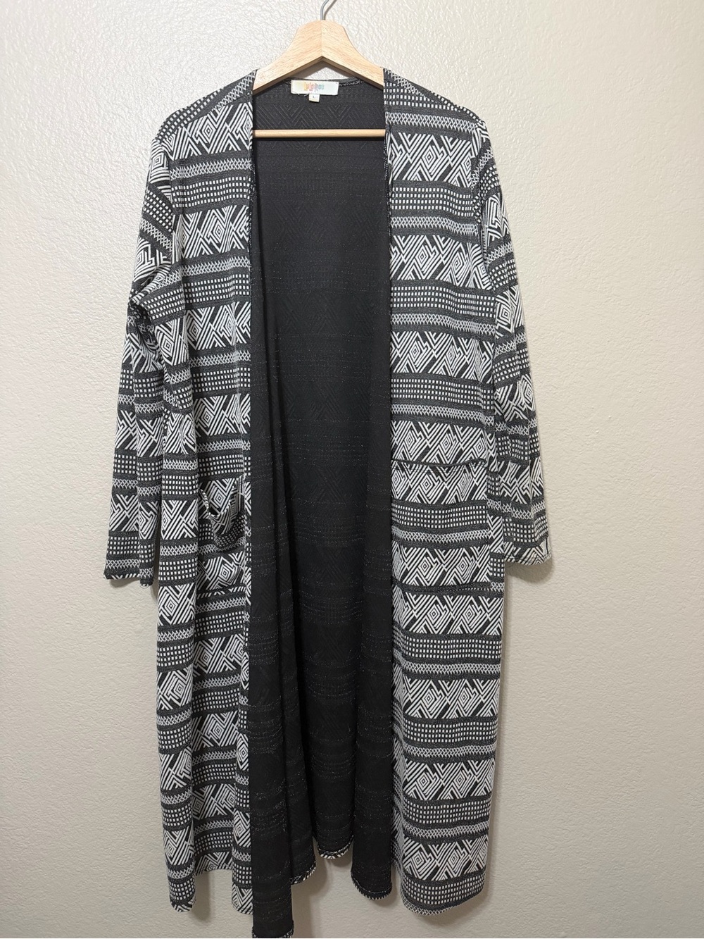 Long Duster Cardigan Geometric Print Open Front Black and White Sweater Size L